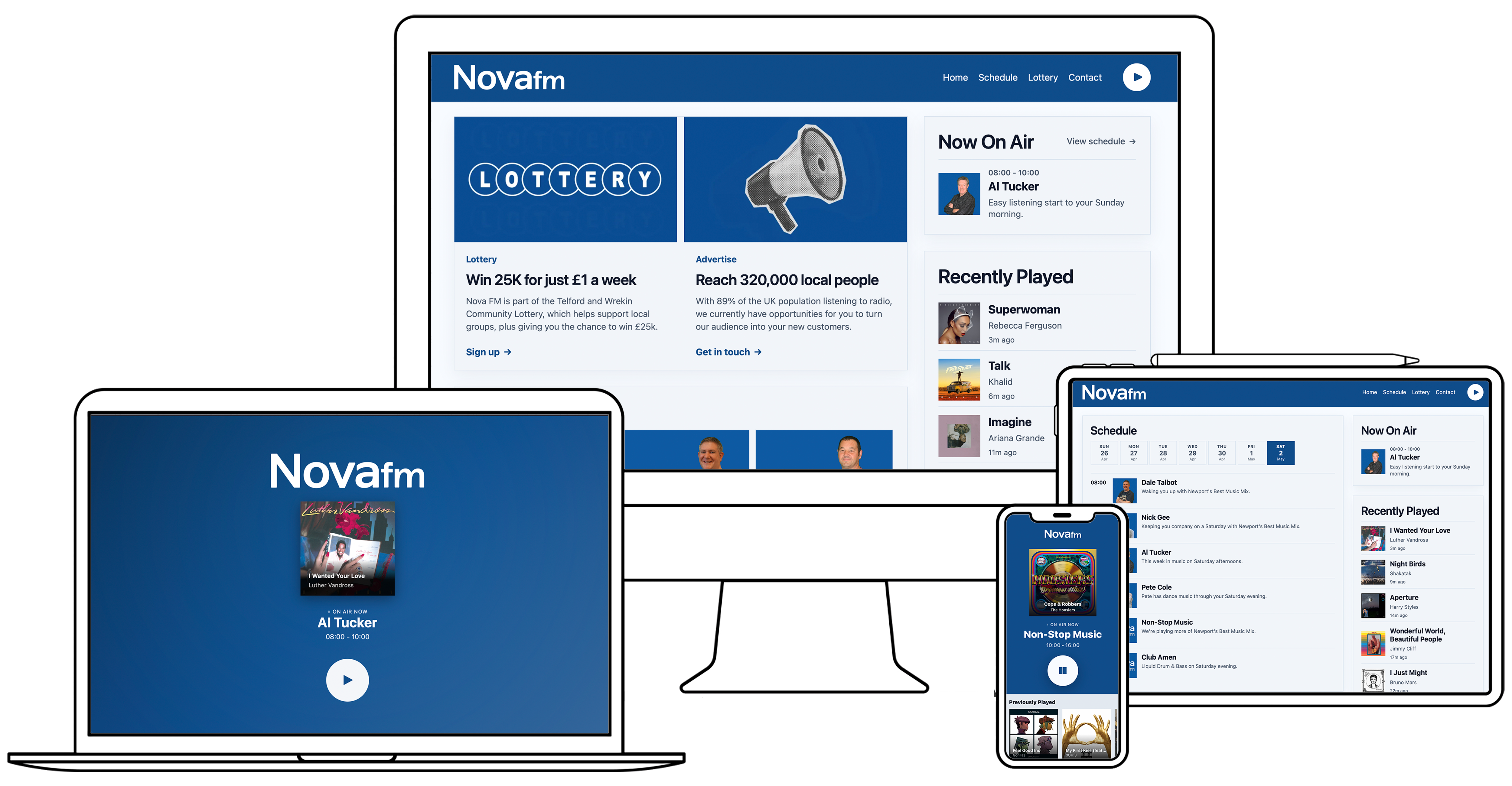 Nova FM website and app design shown across desktop, laptop, tablet and phone devices